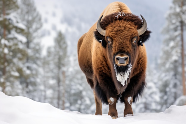 Foto ein bison steht im schnee mit bäumen im hintergrund