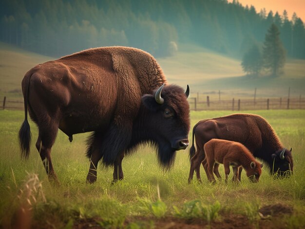 Ein Bison und ihr Kalb stehen auf einem Feld.