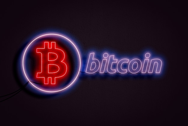 Ein Bitcoin-Text und Logo-Leuchtreklame an der Wand abstraktes Kryptowährungsgeldkonzept