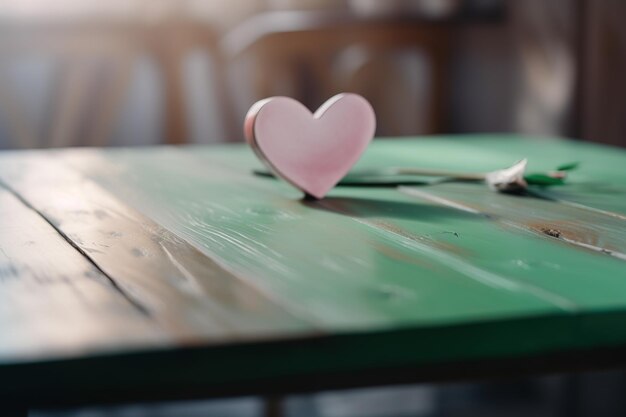 ein blassrosa Herz, das auf der Oberfläche eines rustikalen Tisches befestigt ist