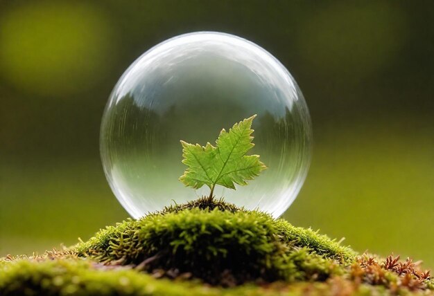 Foto ein blatt in einer blase mit einem baumzweig darin