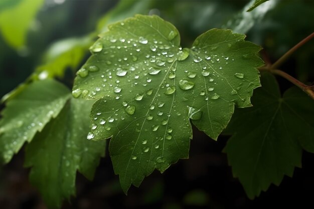 Ein Blatt mit Wassertropfen darauf ist mit Tau bedeckt.