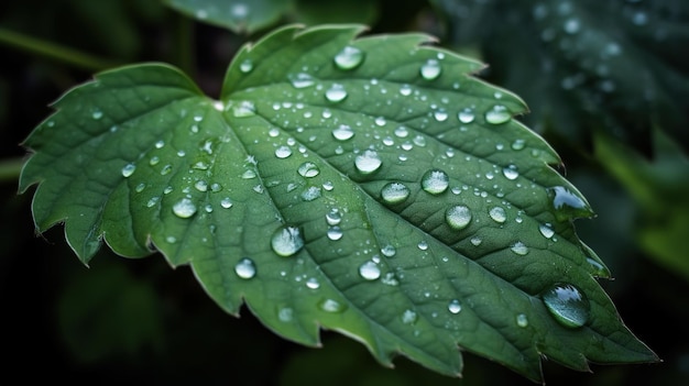 Ein Blatt mit Wassertropfen darauf