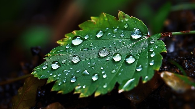 Ein Blatt mit Wassertropfen darauf