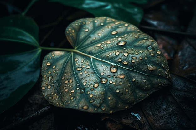 Ein Blatt mit Wassertropfen darauf