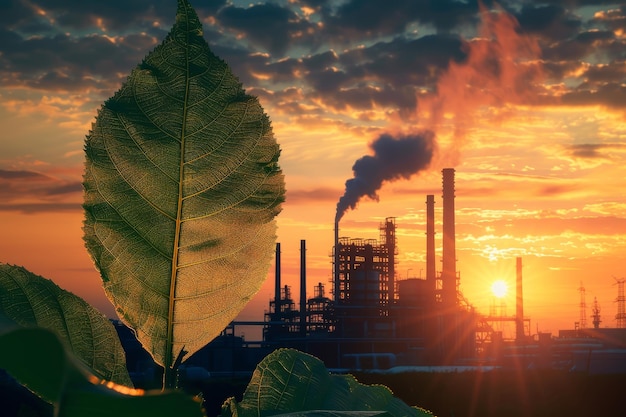 Ein Blatt steht vor einer großen Industrieanlage