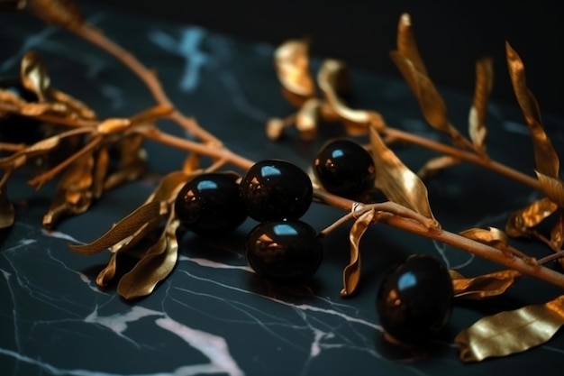 Ein Blattgold mit schwarzen Oliven darauf liegt auf einem Marmortisch