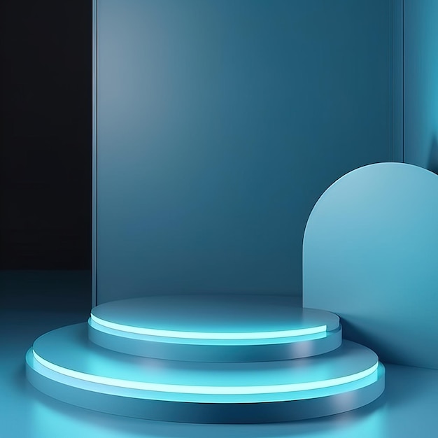 Ein blau beleuchtetes Podium mit einem runden Objekt im Hintergrund.