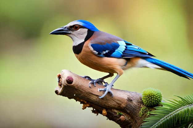 Ein blau-brauner Vogel mit blauem Kopf und blauen Flügeln sitzt auf einem Ast.