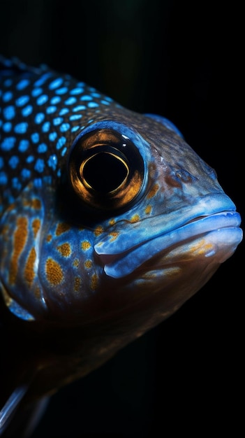 Ein blau gefleckter Fisch mit schwarzem Hintergrund.