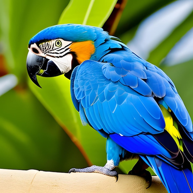 Ein blau-gelber Ara mit einem schwarzen Auge und einer gelb-blauen Feder.