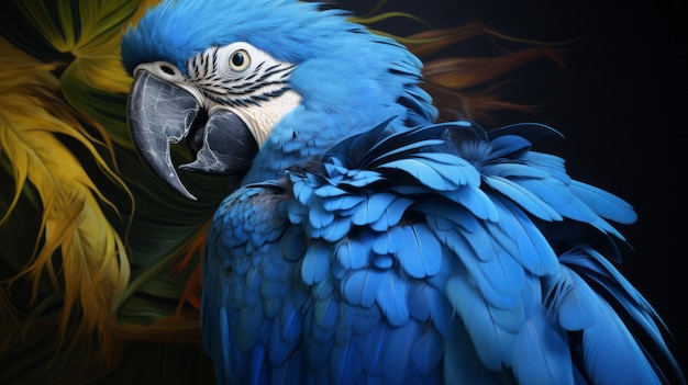 Ein blau-gelber Papagei mit schwarzem Hintergrund