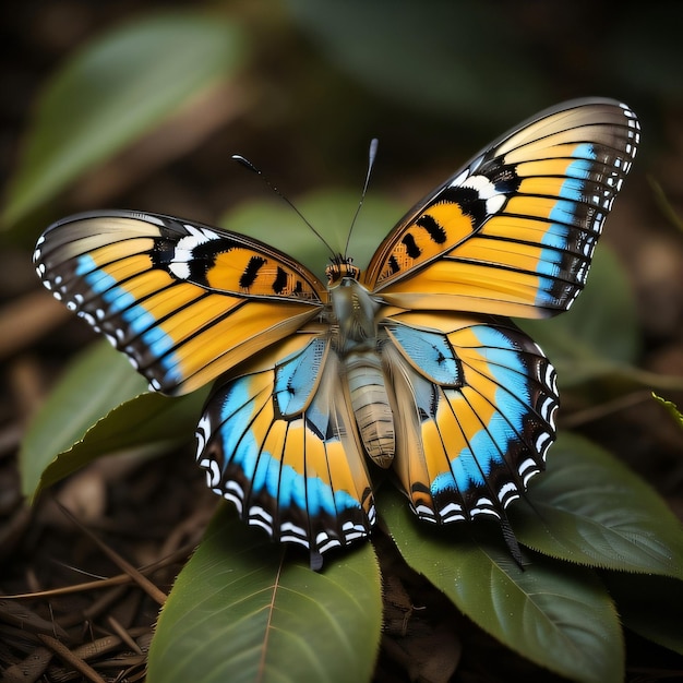 Ein blau-gelber Schmetterling mit schwarzen Markierungen