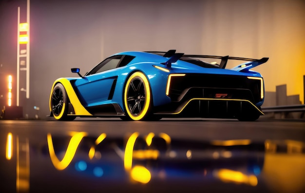 Ein blau-gelber Supersportwagen mit dem Wort „Supersportwagen“ auf der Seite von AI Generated