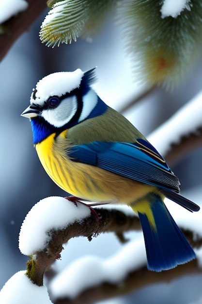 Ein blau-gelber Vogel mit weißem Gesicht und blauen Federn.