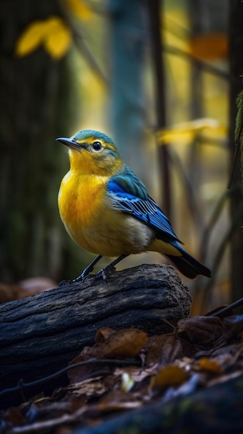 Ein blau-gelber Vogel sitzt auf einem Baumstamm im Wald.