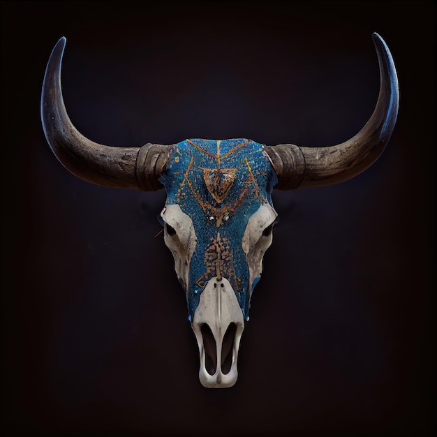 Ein blau-goldener Büffelschädel mit einem Ring um die Hörner.