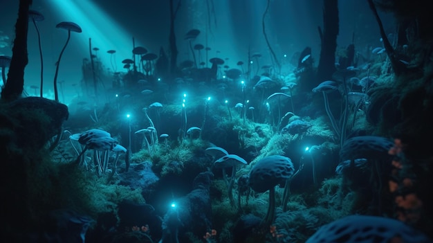 Ein blau leuchtendes Pilzfeld in einem dunklen Wald