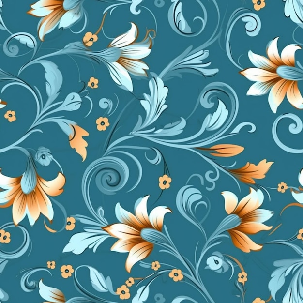 Ein blau-orangefarbenes Blumenmuster mit Wirbeln und Blumen