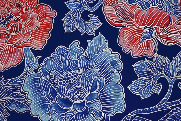 ein blau-rotes Blumenmuster ist in diesem Gemälde zu sehen
