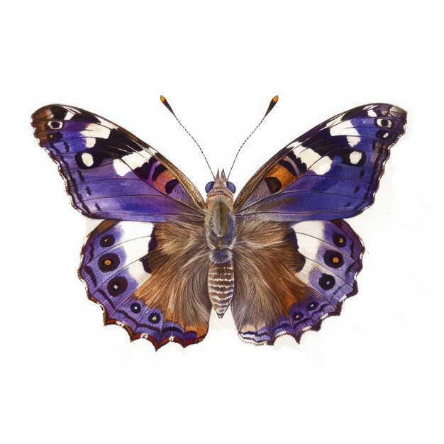 Ein blau-violetter Schmetterling mit schwarzen und orangefarbenen Flecken auf den Flügeln.