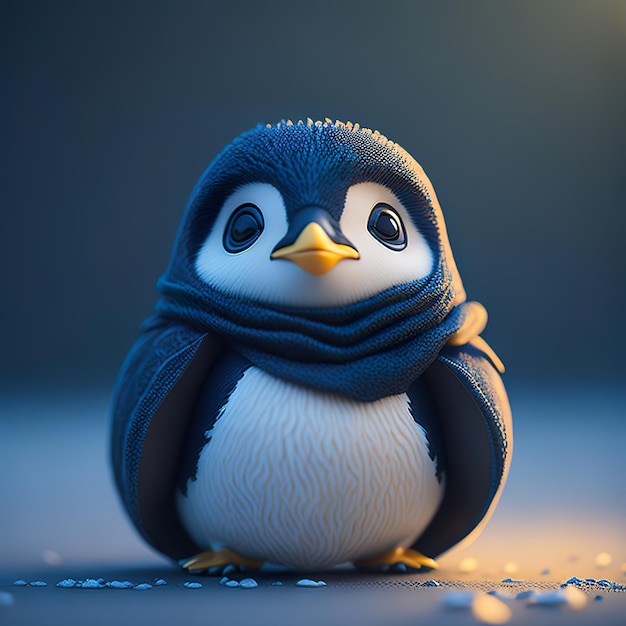 Ein blau-weißer Pinguin mit gelbem Auge und blauem Schal.