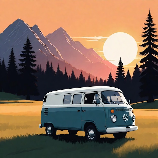 ein blau-weißer Van mit einem Sonnenuntergang im Hintergrund
