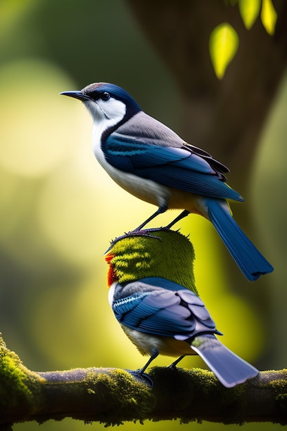 Ein blau-weißer Vogel mit rotem Kopf sitzt auf einem Ast.