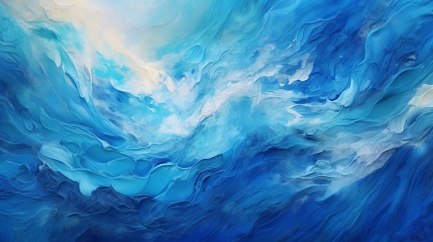 Ein blau-weißes abstraktes Gemälde mit blauem Hintergrund.