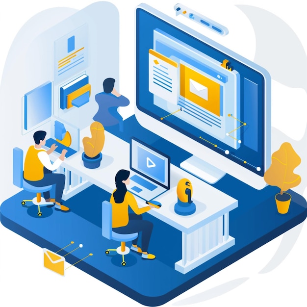 ein blau-weißes Bild von Menschen, die an einem Computer arbeiten