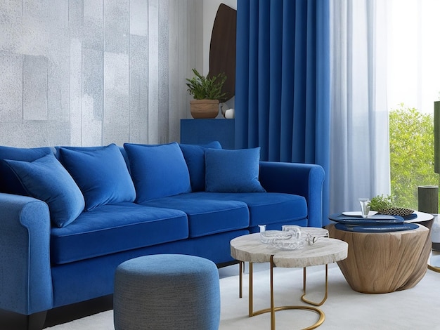 Ein blau-weißes Wohnzimmer mit einer blauen Couch und einer Lampe von Generative AI