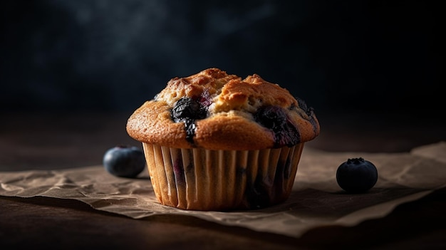 Ein Blaubeermuffin mit dunklem Hintergrund