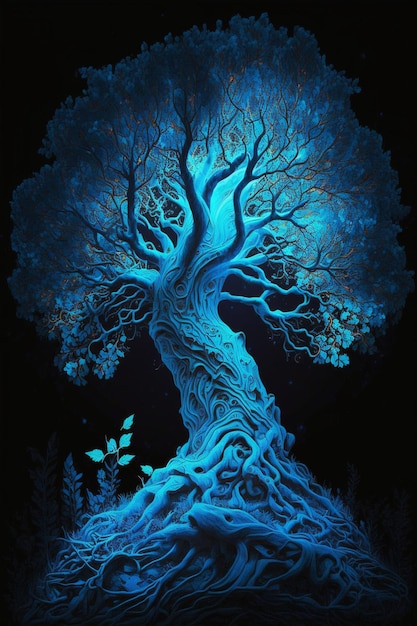 Ein blauer Baum mit dem Wort Baum darauf