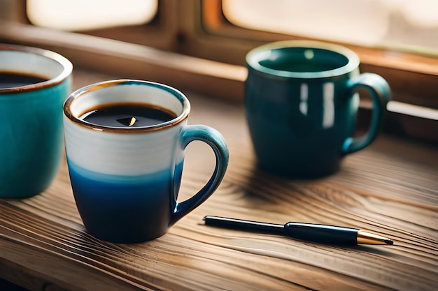 ein blauer Becher mit einer schwarzen Kerze darin neben einer Tasse Kaffee.