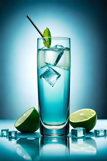 Ein blauer Cocktail mit Eiswürfeln und einem grünen Blatt auf der Unterseite.