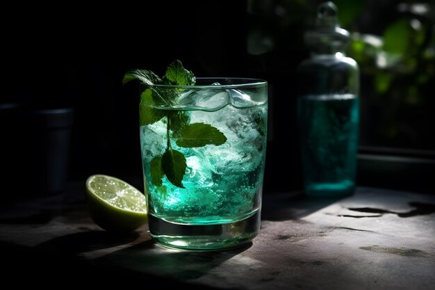 Ein blauer Cocktail mit Minzblättern und einer Limette an der Seite