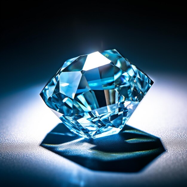 Ein blauer Diamant sitzt auf einer dunklen Oberfläche.