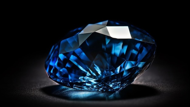 Ein blauer Diamant sitzt auf einer dunklen, oberflächenaktiven Oberfläche