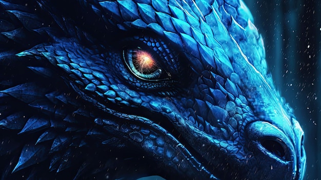 Ein blauer Drache mit einem blauen Auge und einem roten Auge