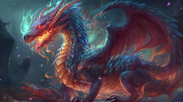 Ein blauer Drache mit roten und orangefarbenen Flammen