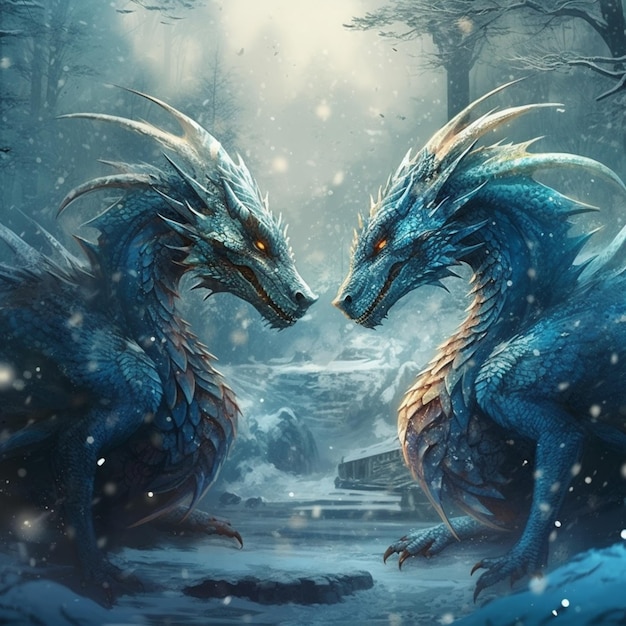 Ein blauer Drache und ein blauer Drache stehen sich in einem verschneiten Wald gegenüber.