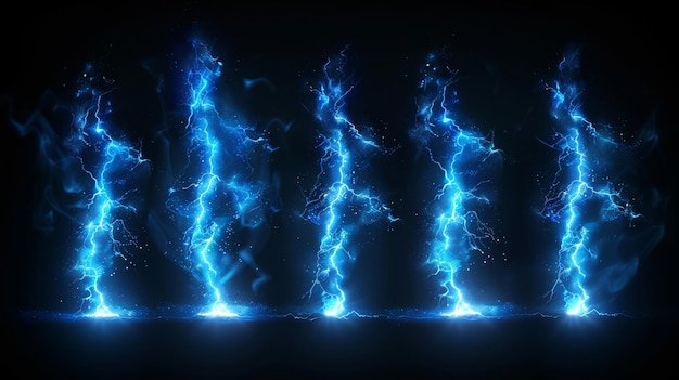 Ein blauer elektrischer Blitz schlägt während eines nächtlichen Sturms ein, schlägt Risse ein und freisetzt magische Energie, mächtige elektrische Entladung, realistische 3D-Moderne Schrauben auf schwarzem Hintergrund.