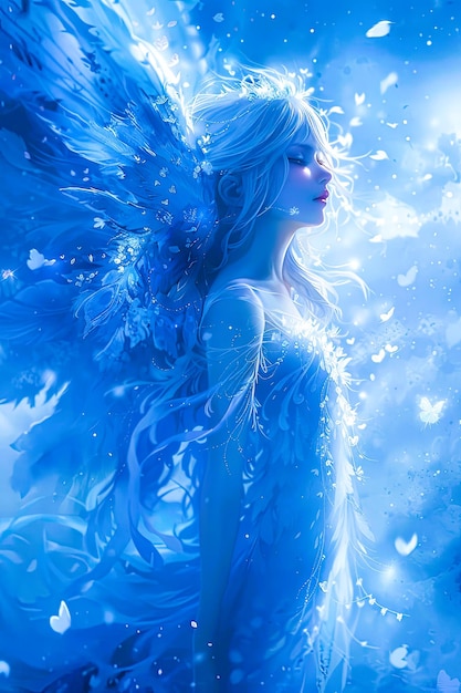 Foto ein blauer engel mit flügeln auf blauem hintergrund