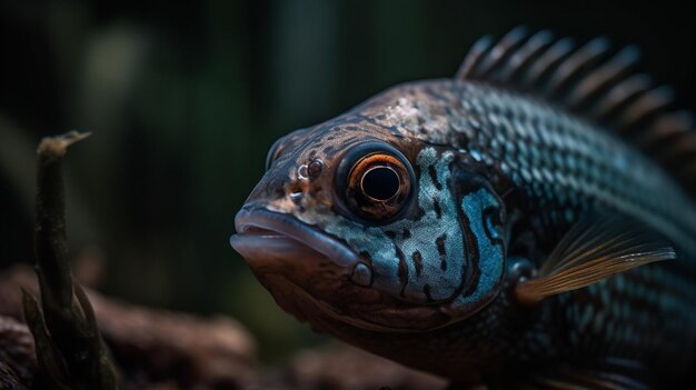 Ein blauer Fisch mit schwarzen Streifen und einem blauen Auge blickt in die Kamera.