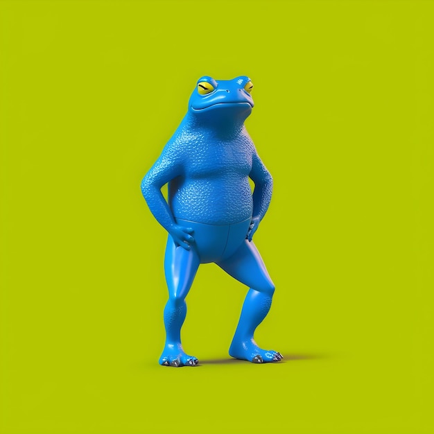 Ein blauer Frosch mit grünem Hintergrund, auf dem „Frosch“ steht.