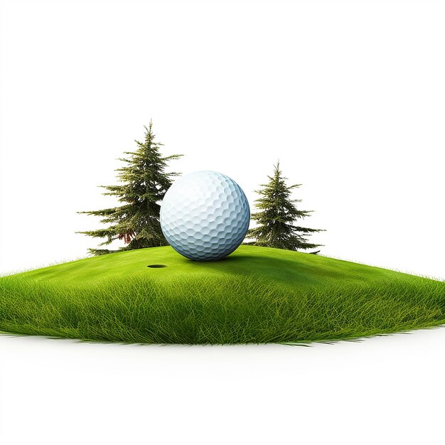 ein blauer Golfball ist auf einem grünen Gras mit Pinienbäumen