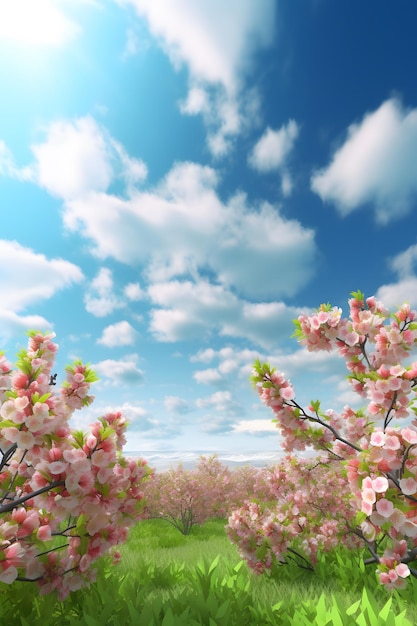 Ein blauer Himmel mit Wolken und ein Baum mit rosa Blüten im Vordergrund.