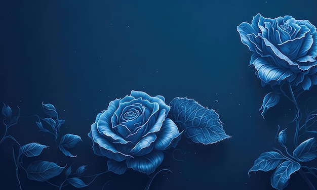 Ein blauer Hintergrund mit blauen Rosen und Blättern.