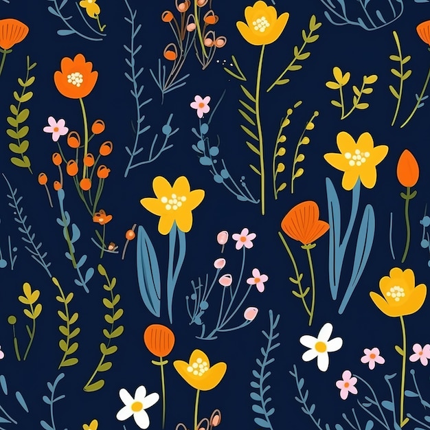 Ein blauer Hintergrund mit Blumen und Blättern.