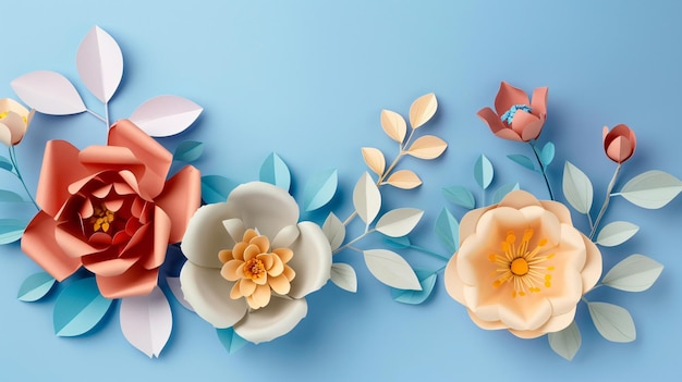 ein blauer Hintergrund mit Blumen und einem Schmetterling oben